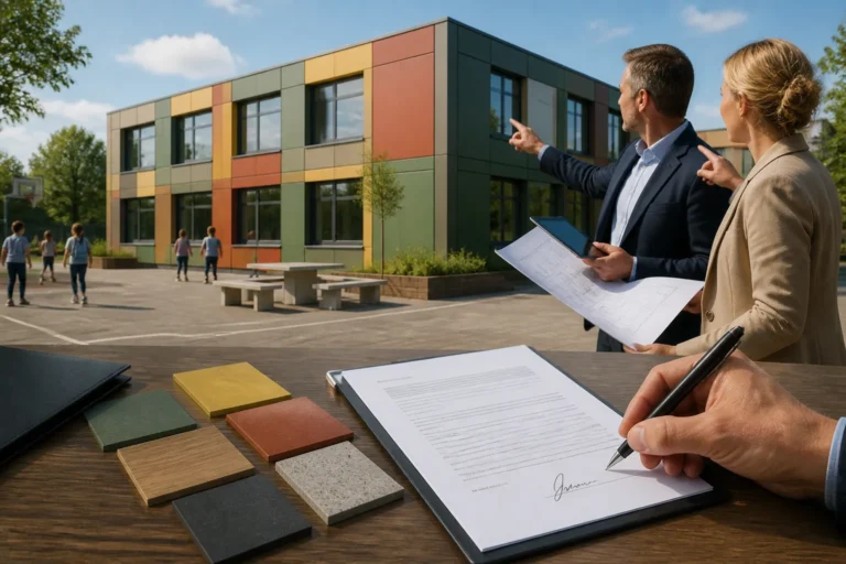 besluitvormers tekenen een offerte voor een modulair schoolgebouw met gekleurde gevelpanelen op het schoolplein