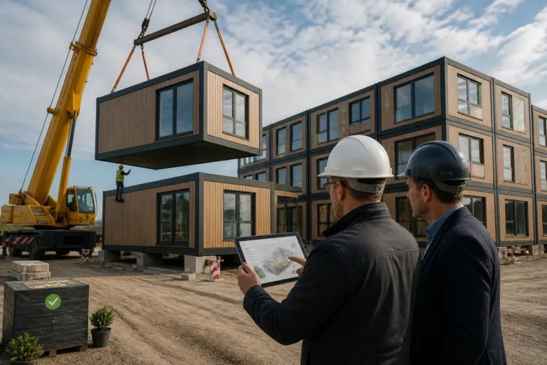 kraan die een modulaire gebouwmodule plaatst terwijl opdrachtgever en adviseur naast stapelmodules de bestelling op een