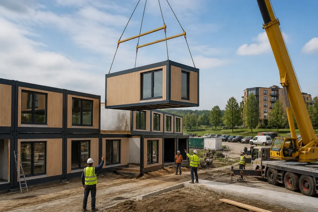 hijskraan plaatst een modulaire unit op een terrein met werknemers en deels afgewerkte gebouwen