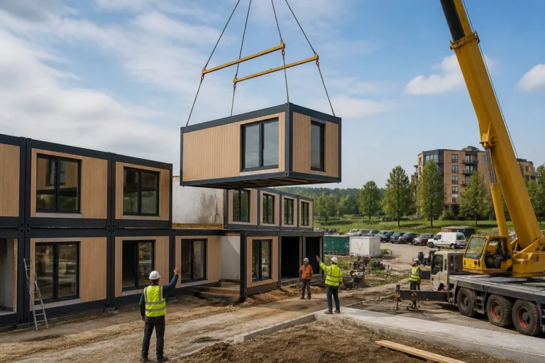 hijskraan plaatst een modulaire unit op een terrein met werknemers en deels afgewerkte gebouwen