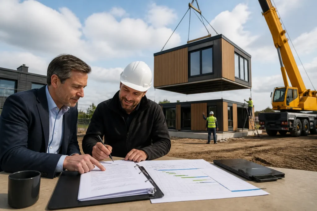 hijskraan plaatst modulaire unit terwijl opdrachtgever en aannemer samen de offerte en planning controleren