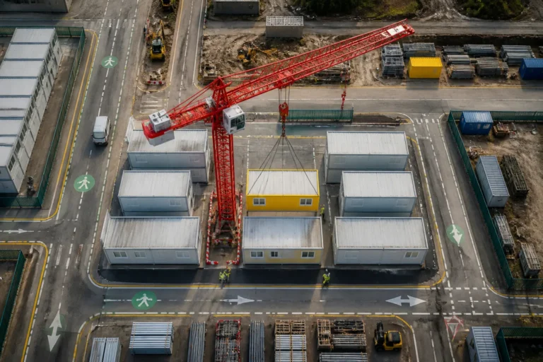 hijskraan die een modulaire unit tussen andere units hijst op een overzichtelijk bouwterrein met duidelijke routes