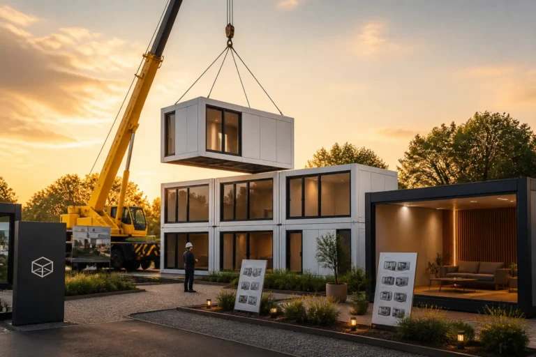 hijskraan plaatst een witte modulaire unit naast andere units op een strak ingericht terrein in avondlicht