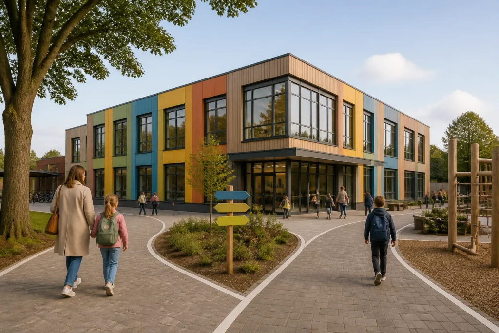 modulair schoolgebouw met gekleurde gevelpanelen langs wandelpaden op een schoolplein met richtingbord