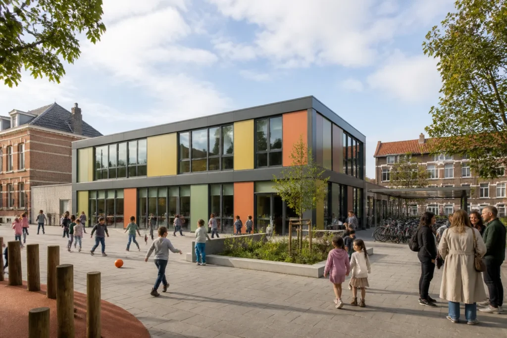 modulair schoolgebouw met gekleurde gevelpanelen naast een druk schoolplein met spelende kinderen