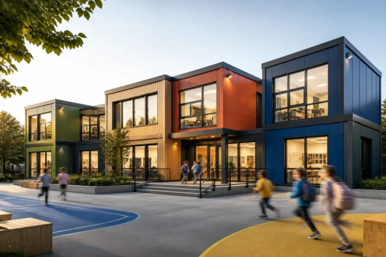 modulair schoolgebouw met gekleurde gevelpanelen en grote ramen in verschillende gekoppelde modules op een schoolplein