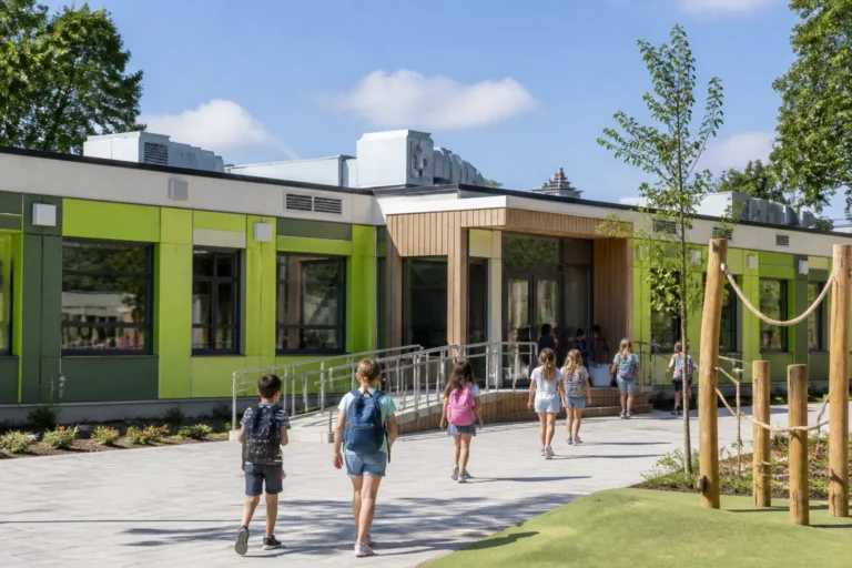modern modulair schoolgebouw met meerdere geschakelde units naast een speelplaats met kinderen