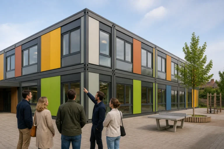 volwassenen bestuderen een modulair schoolgebouw met gekleurde gevelpanelen en grote ramen op het schoolplein
