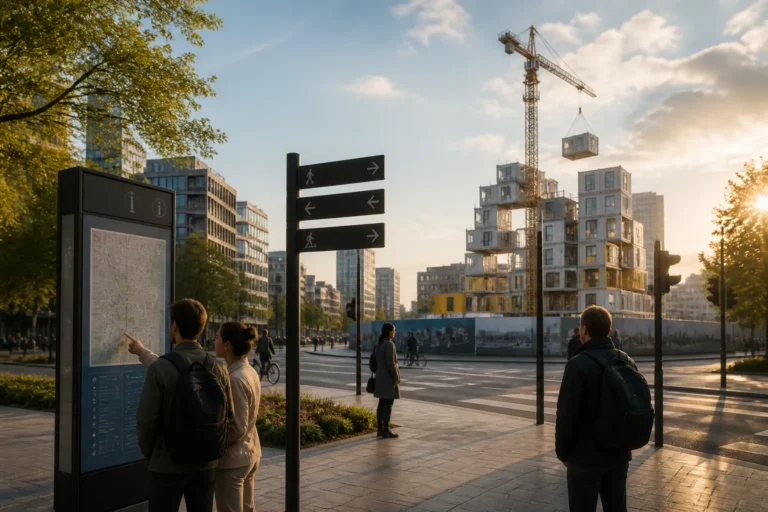 mensen raadplegen een informatiezuil terwijl op de achtergrond modulaire gebouwmodules met een kraan worden gestapeld