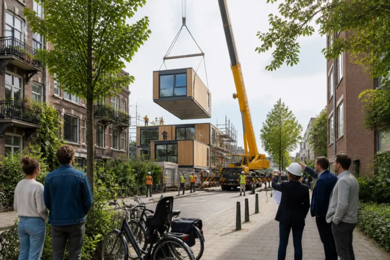 modulaire gebouwmodules worden met een kraan tussen bestaande gebouwen geplaatst terwijl mensen toekijken
