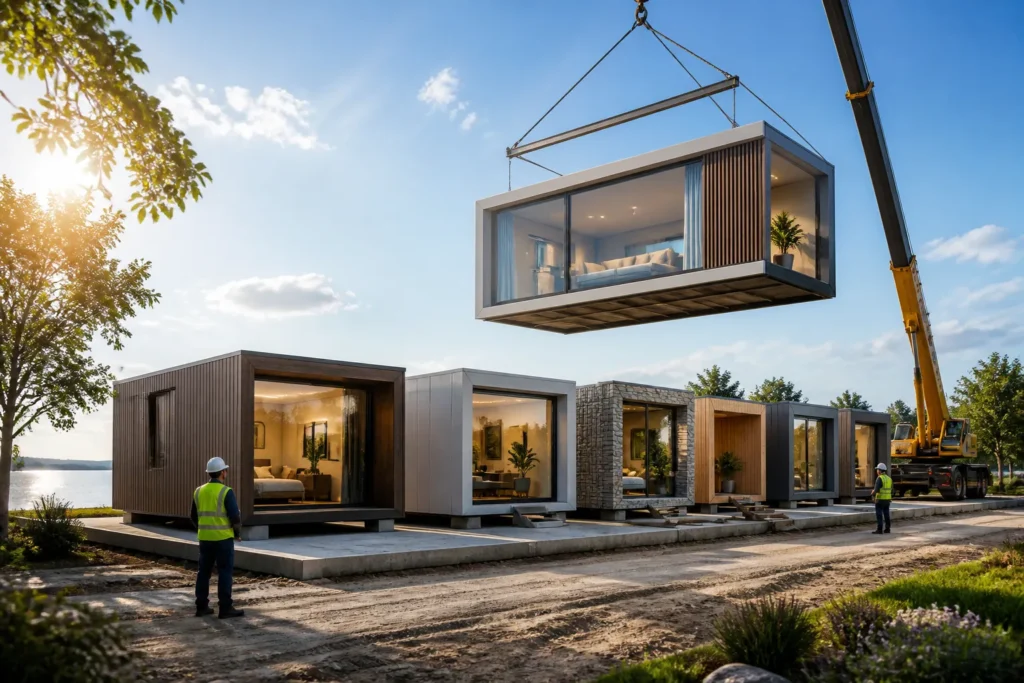 kraan stapelt verschillende modulaire gebouwmodules met luxueuze afwerkingen op elkaar op een nette bouwsite