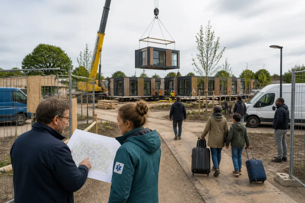 hijskraan plaatst modulaire woonunits op terrein waar hulpverleners, bewoners en een gezin rondlopen
