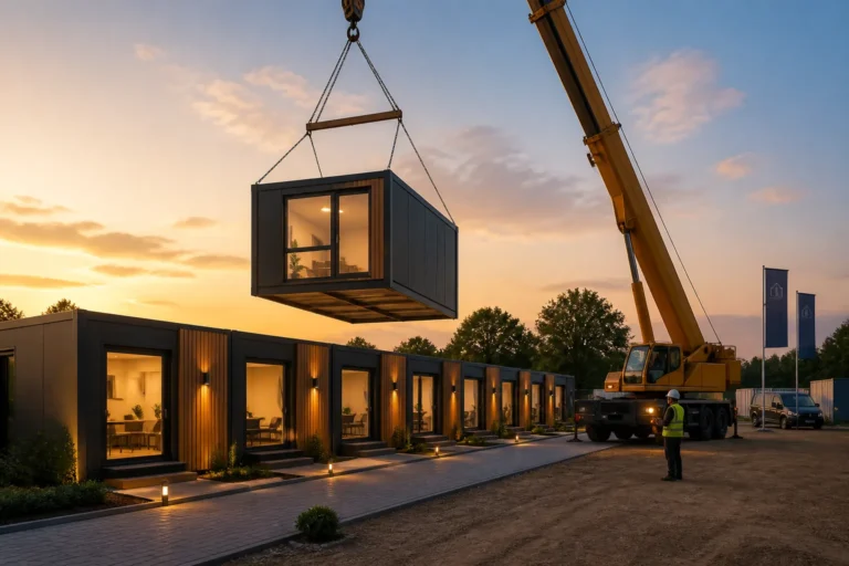 hijskraan plaatst een verlichte modulaire woonunit naast een rij al opgestelde units op een verzorgd terrein bij