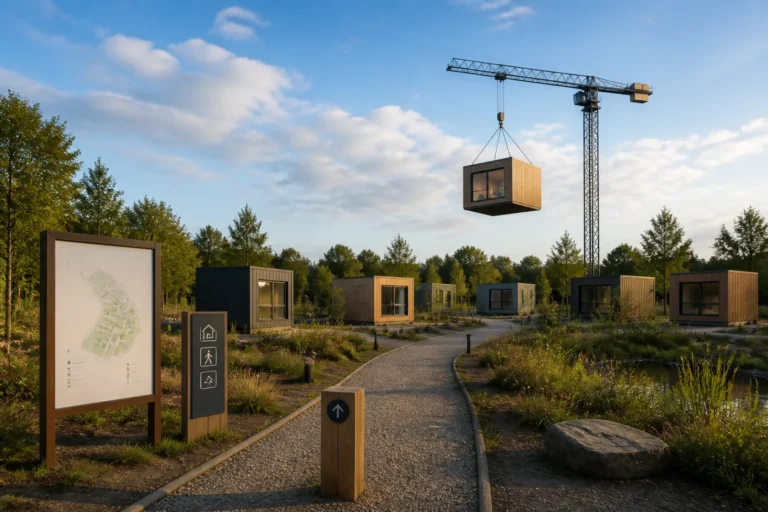 hijskraan plaatst een modulaire woonunit op een terrein met paden en wegwijzers