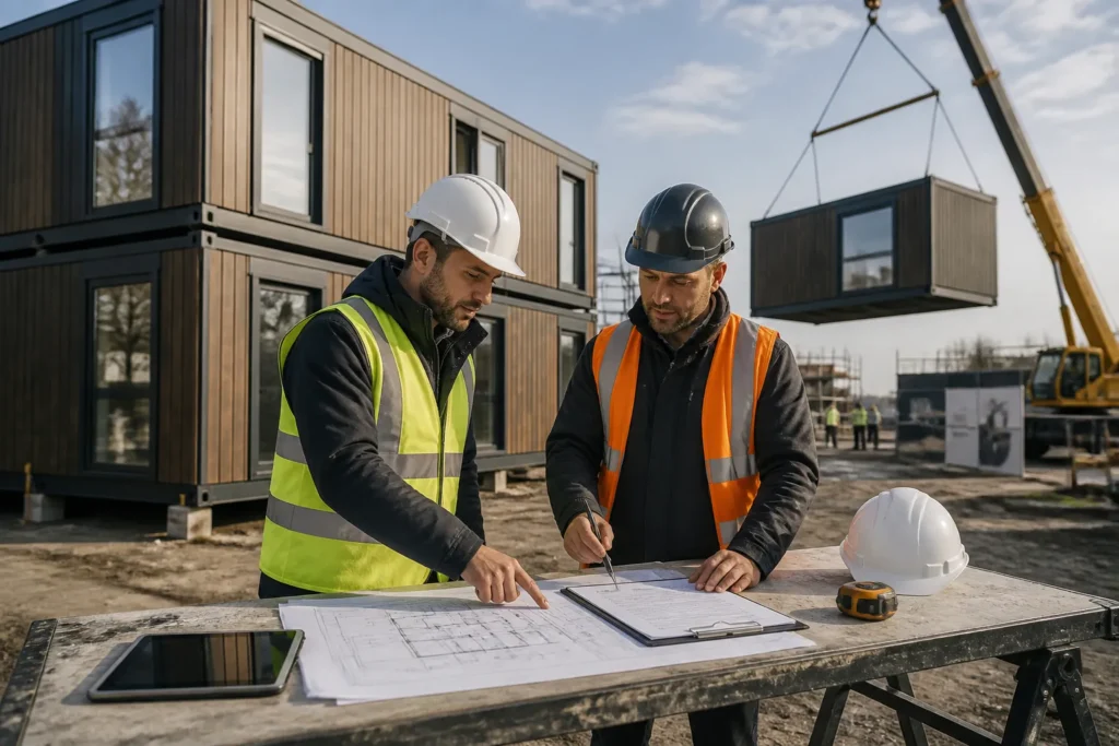projectleider en leverancier tekenen offerte naast stapelbare modulaire woonunits terwijl een hijskraan een unit plaatst