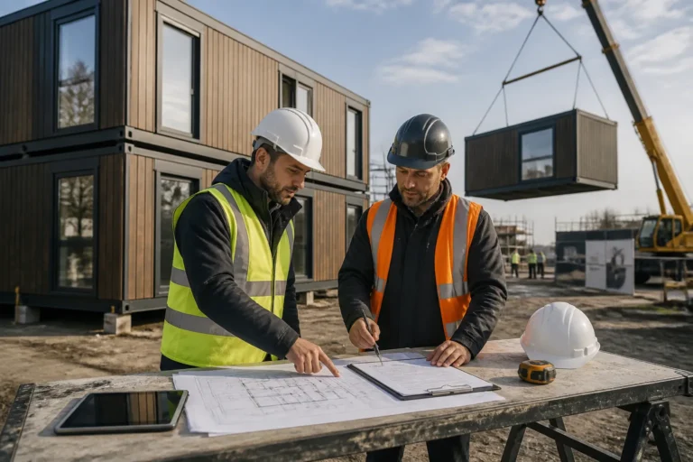 projectleider en leverancier tekenen offerte naast stapelbare modulaire woonunits terwijl een hijskraan een unit plaatst