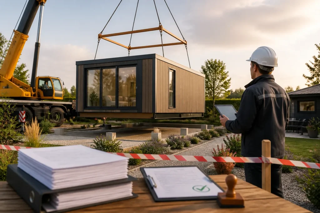 hijskraan laat een modulaire woonunit zakken terwijl opzichter met tablet de plaatsing controleert
