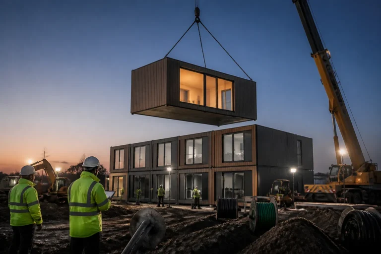 plaatsing van modulaire noodwoningen met een hijskraan en monteurs op een ingericht bouwterrein