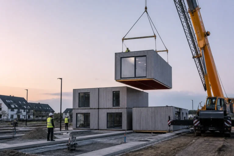 hijskraan plaatst modulaire woonunit op stapelbare tijdelijke huisvesting naast woonwijk