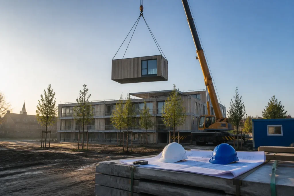 hijskraan plaatst een modulaire unit naast een bijna voltooid gebouw op een gemeentelijke bouwlocatie