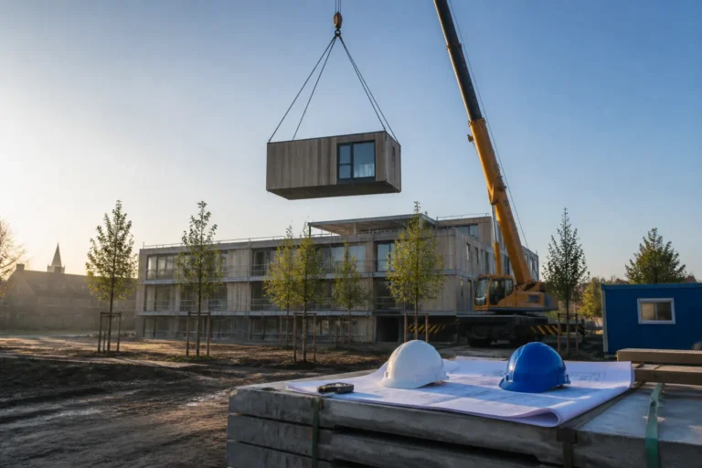 hijskraan plaatst een modulaire unit naast een bijna voltooid gebouw op een gemeentelijke bouwlocatie