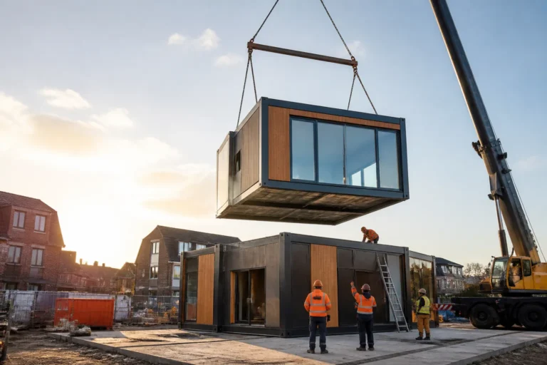 kraan plaatst modulaire woonunit naast bestaande stapel flexibele gebouwen op open bouwplaats