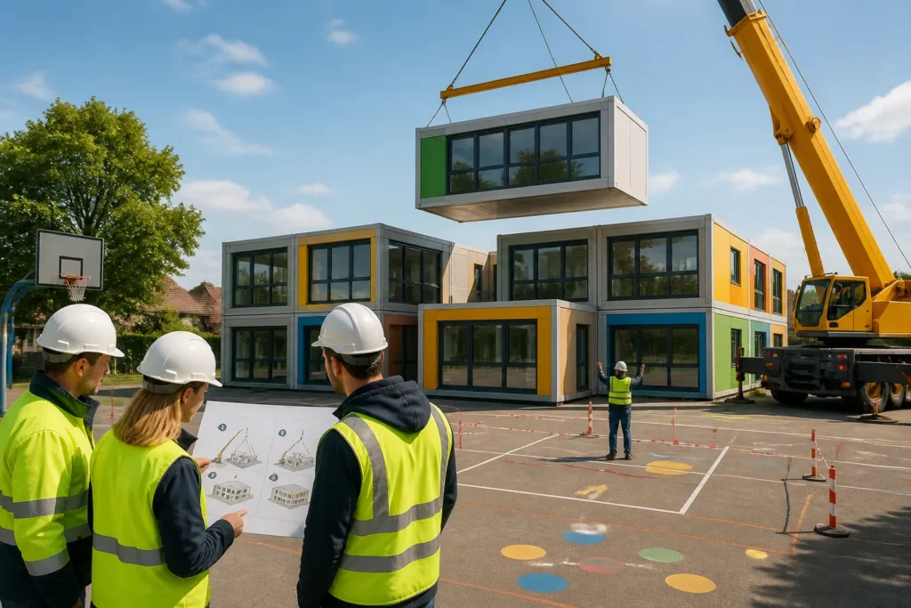bouwteam op schoolplein ziet hoe een nieuwe module aan het gekleurde schoolgebouw met grote ramen wordt gehesen