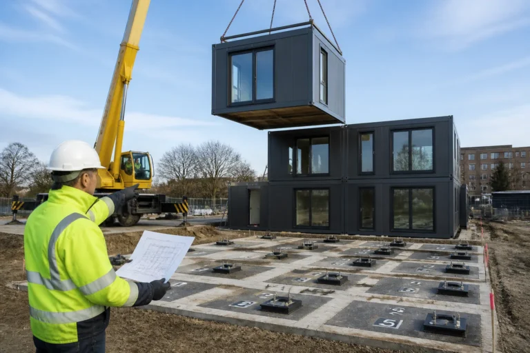 hijskraan plaatst een modulaire woonunit op een gemarkeerde fundering terwijl een voorman het montageplan volgt