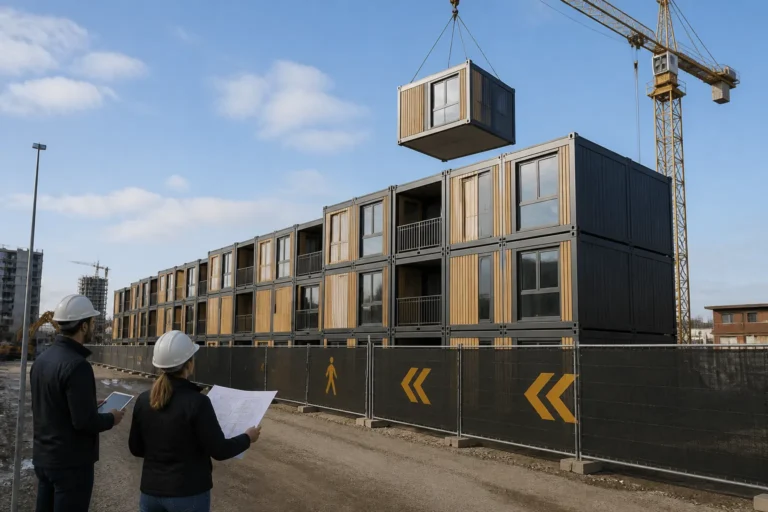 stapelbare modulaire woonunits langs een bouwplaats met hijskraan als herkenbaar oriëntatiepunt