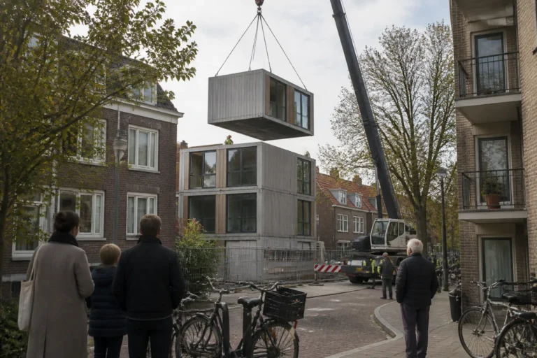 hijskraan plaatst stapelbare modulaire woonunits tussen bestaande gebouwen met toekijkende buurtbewoners