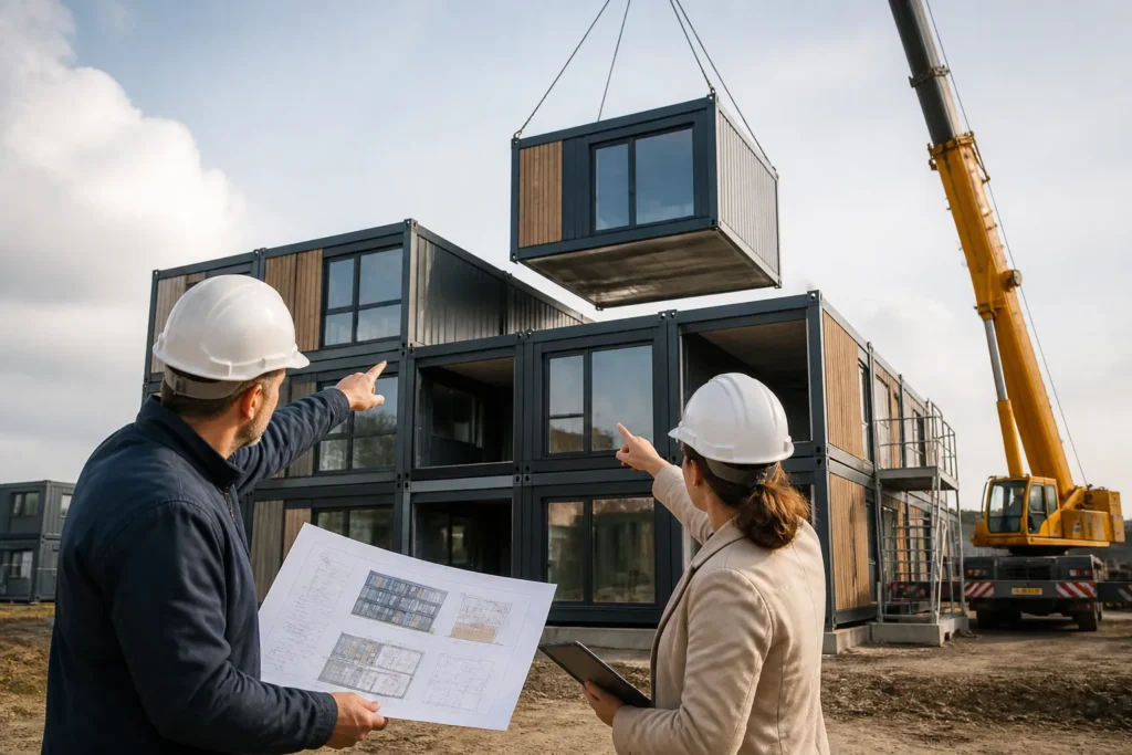 twee mensen bestuderen stapelbare modulaire woonunits terwijl een hijskraan een extra unit plaatst