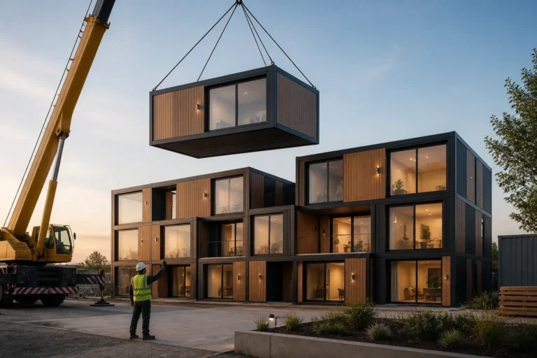 hijskraan plaatst een modulaire woonunit boven op een rij strak afgewerkte stapelbare units