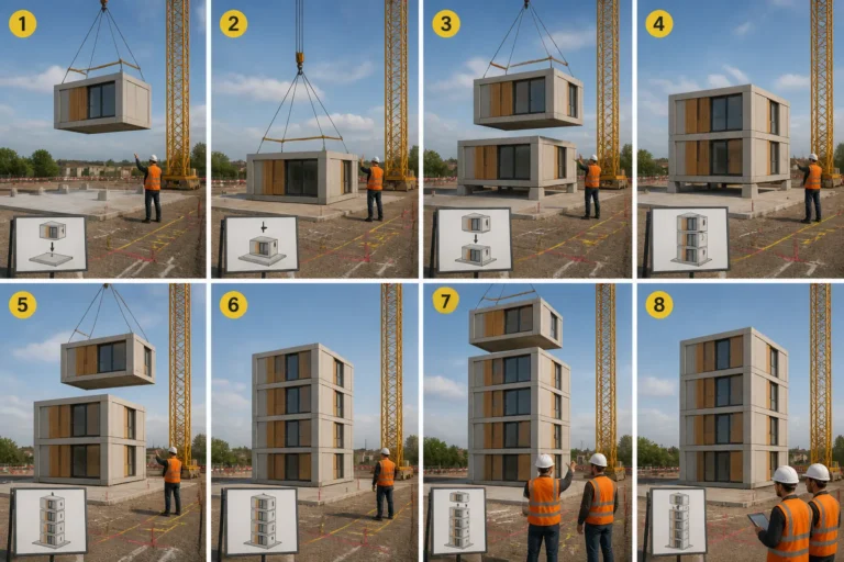 bouwplaats waar een kraan meerdere modulaire units stap voor stap op elkaar plaatst met monteurs eromheen