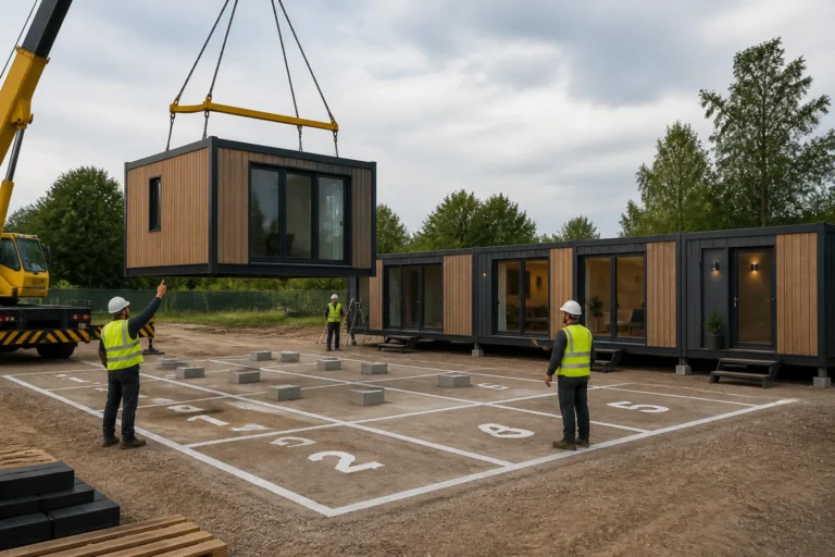 hijskraan plaatst een modulaire woonunit op genummerde plaatsen terwijl monteurs de uitlijning controleren