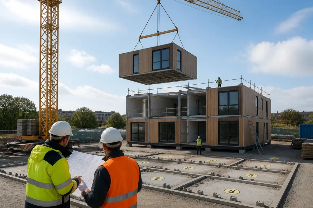 hijskraan plaatst een modulaire unit boven een deels opgebouwd gebouw terwijl twee medewerkers de stappen controleren