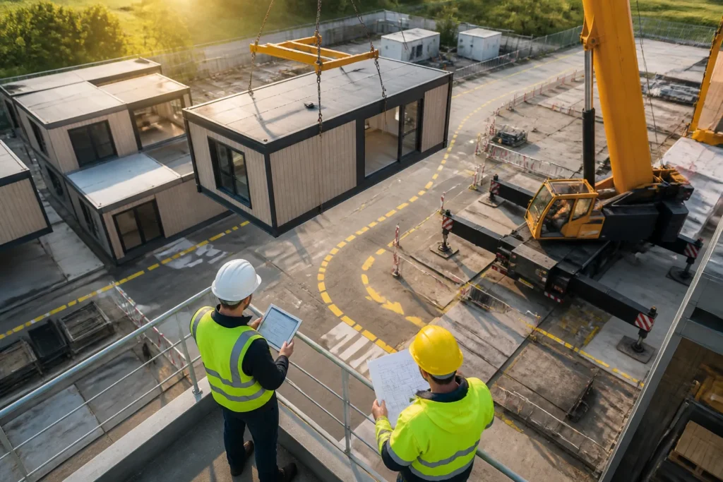 bouwmanager en technicus volgen met tablet een hijskraan die een modulaire unit naar zijn positie geleidt