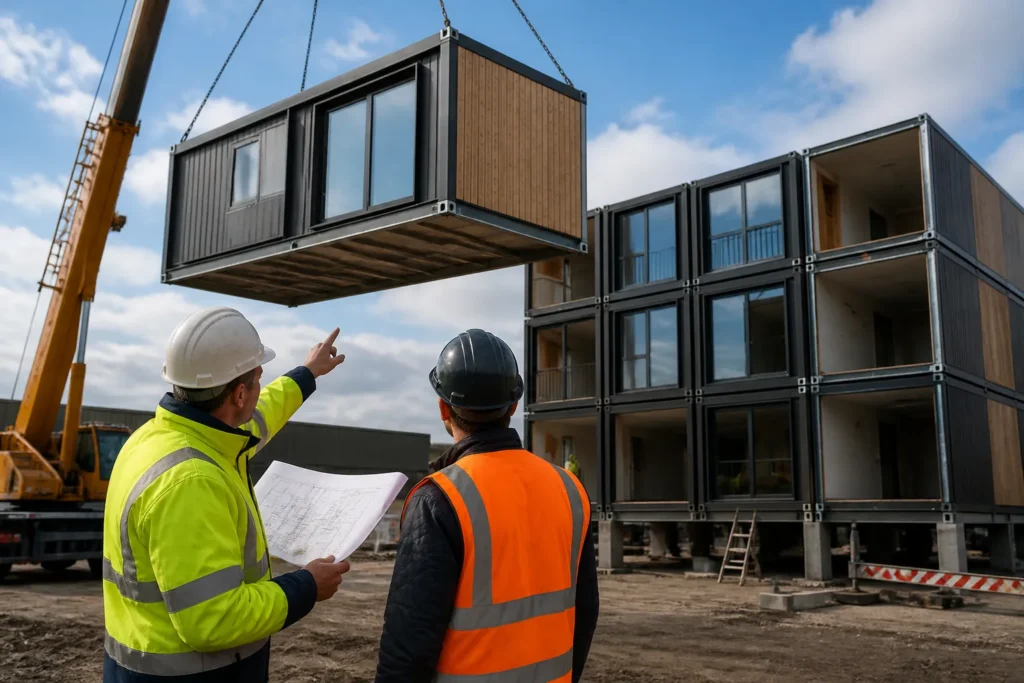 twee bouwexperts met helmen bestuderen stapelende modulaire gebouwmodules terwijl een kraan een nieuwe module voorbereidt
