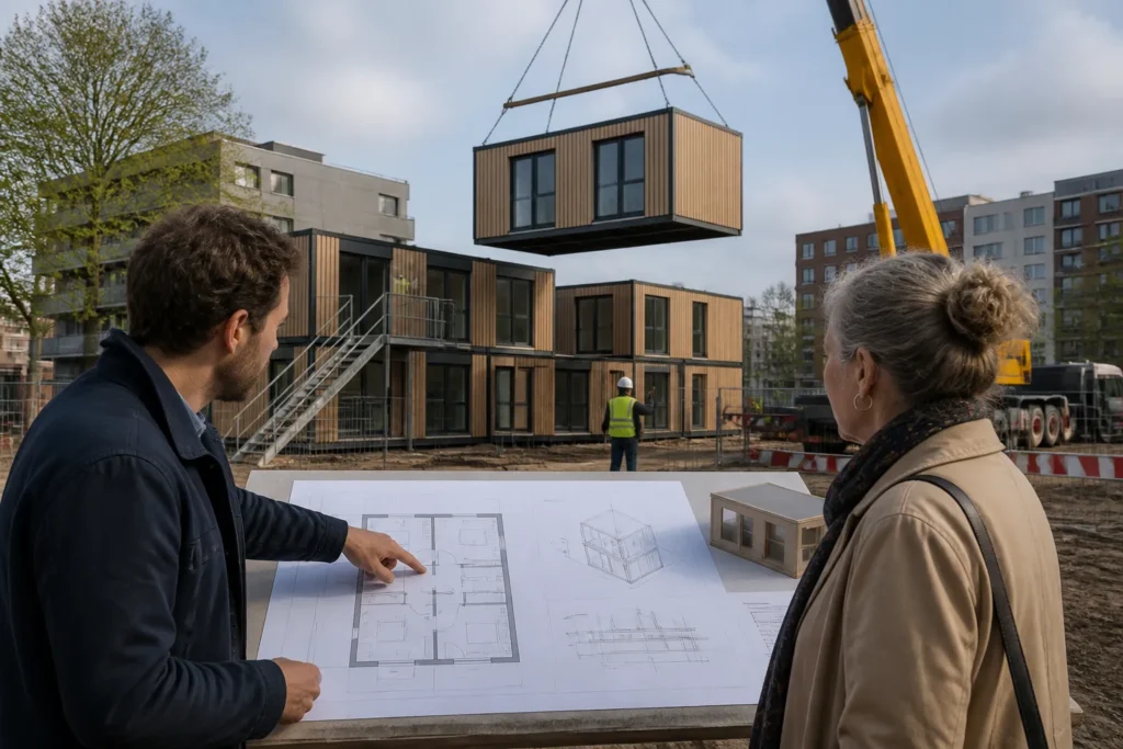 hijskraan plaatst een modulaire woonunit terwijl een planner met plattegrond de opzet toelicht aan een buurtbewoner