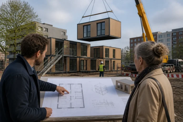 hijskraan plaatst een modulaire woonunit terwijl een planner met plattegrond de opzet toelicht aan een buurtbewoner