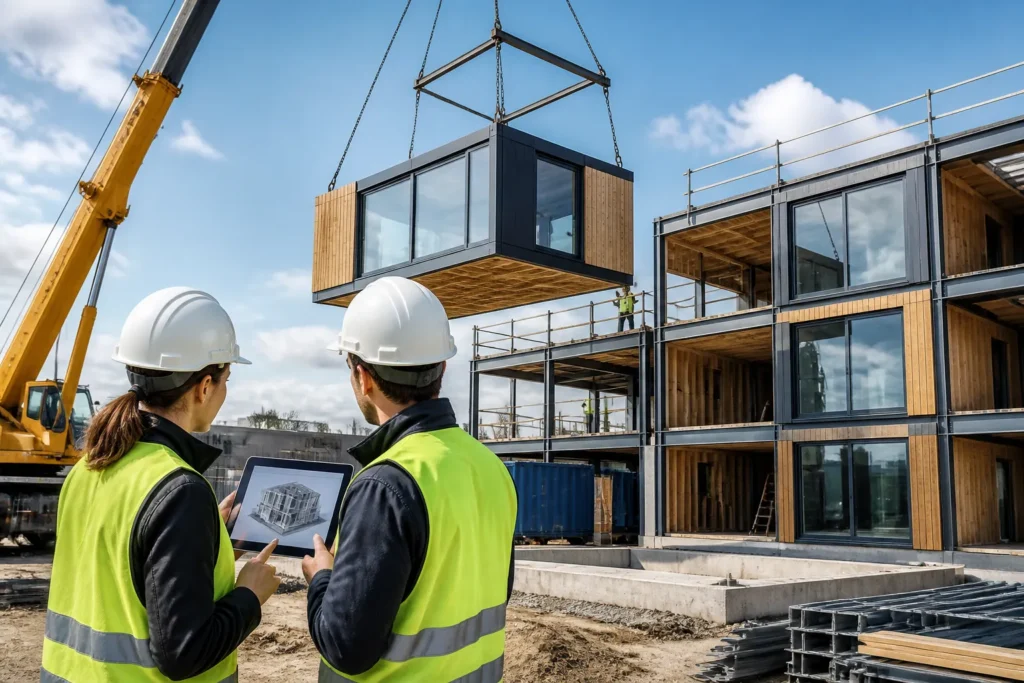 hijskraan plaatst modulaire bouwunit op Nederlands bouwterrein terwijl twee personen de planning op een tablet controleren