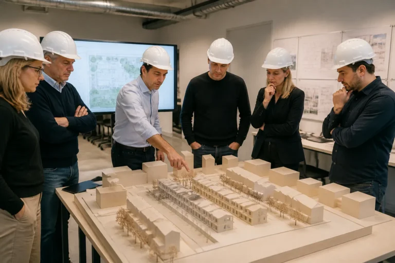 projectteam buigt zich over maquette met modulaire tijdelijke woningen en bouwtekeningen