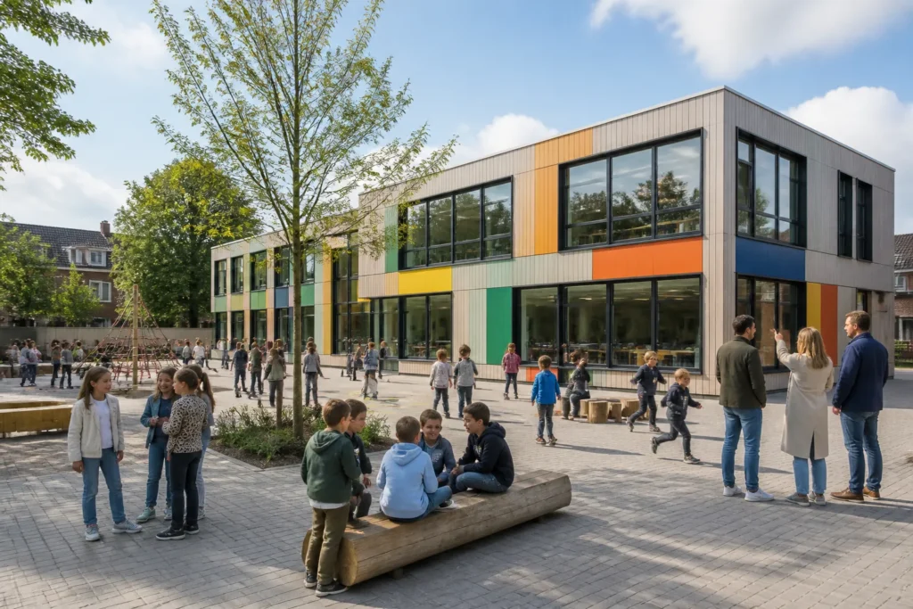 modulair schoolgebouw met gekleurde gevelpanelen aan een druk schoolplein met spelende kinderen en pratende leraren