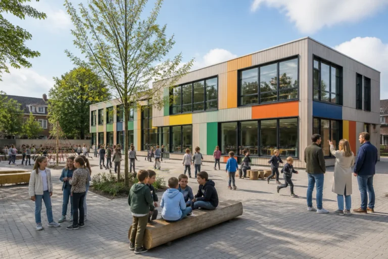 modulair schoolgebouw met gekleurde gevelpanelen aan een druk schoolplein met spelende kinderen en pratende leraren