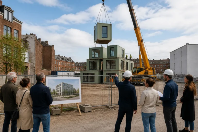 kraan stapelt modulaire bouwmodules naast bestaande gebouwen terwijl omwonenden en projectteam toekijken